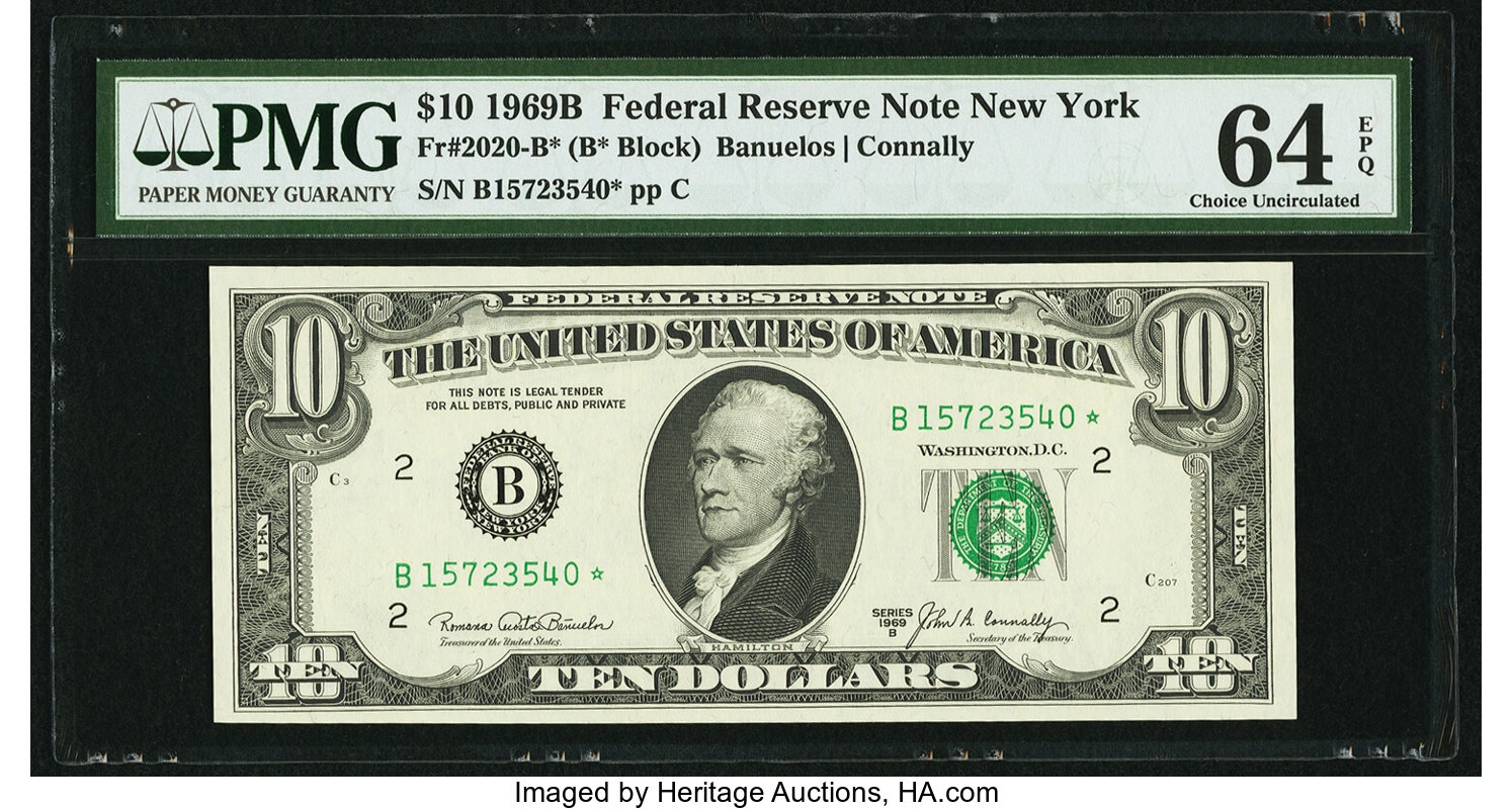 image for: Fr. 2020-B* $10 1969B Federal Reserve Star Note. PMG Choice Uncirculated 64 EPQ....