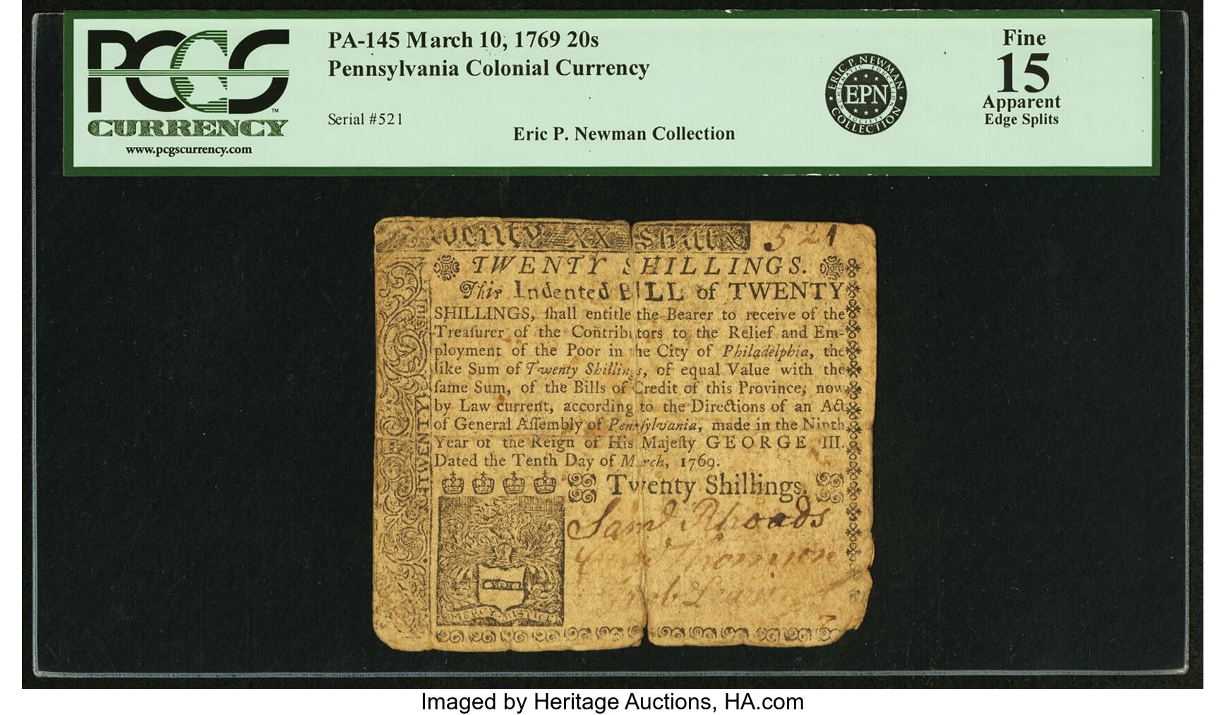 image for: Pennsylvania March 10, 1769 20s PCGS Apparent Fine 15....