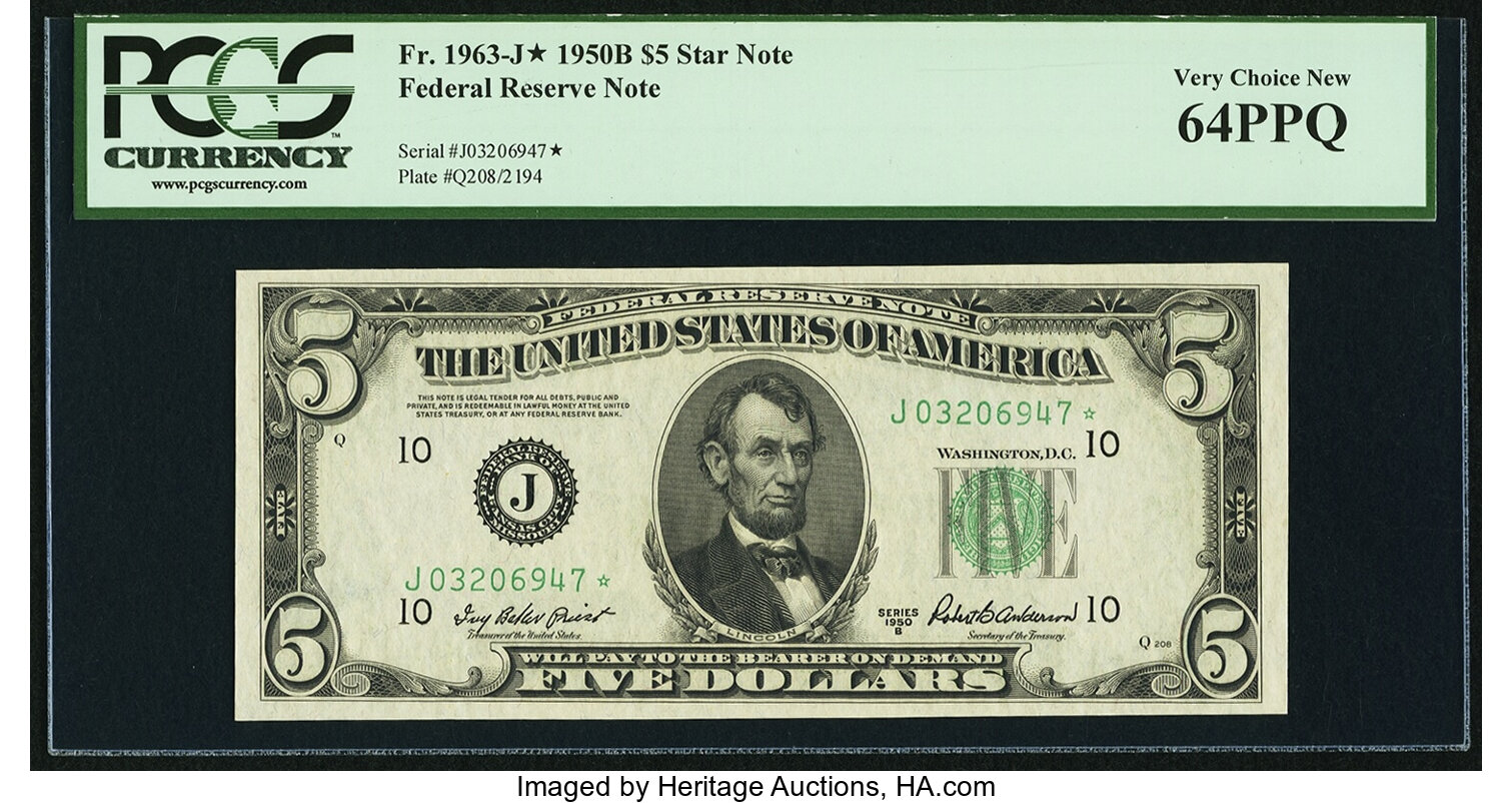 image for: Fr. 1963-J* $5 1950B Federal Reserve Star Note. PCGS Very Choice New 64PPQ....