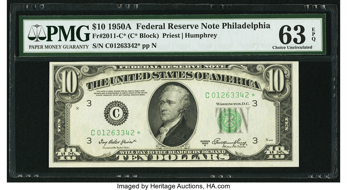 image for: Fr. 2011-C* $10 1950A Federal Reserve Star Note. PMG Choice Uncirculated 63 EPQ....
