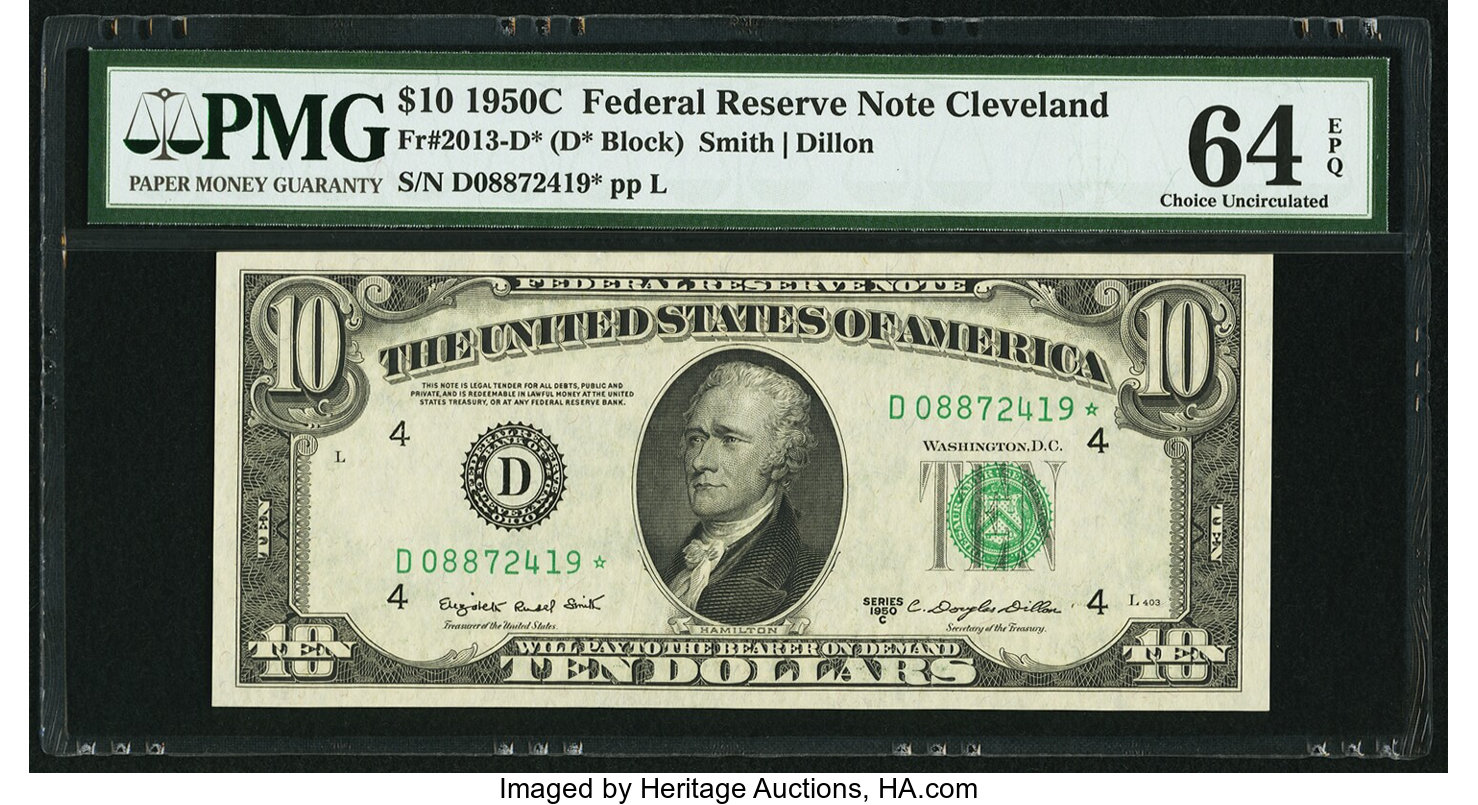 image for: Fr. 2013-D* $10 1950C Federal Reserve Star Note. PMG Choice Uncirculated 64 EPQ....