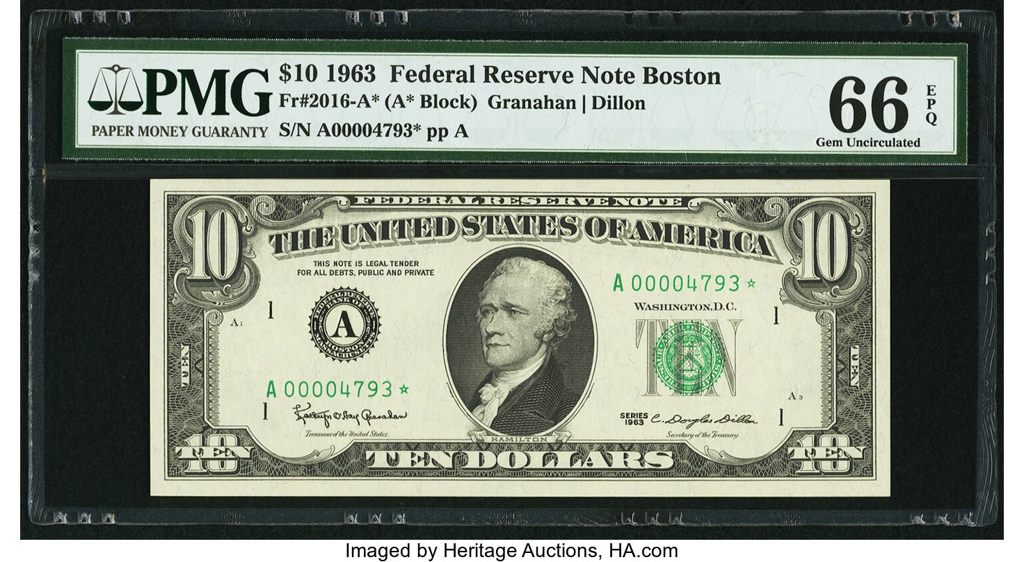 image for: Low Serial Number A00004793* Fr. 2016-A* $10 1963 Federal Reserve Star Note. PMG Gem Uncirculated 66 EPQ....