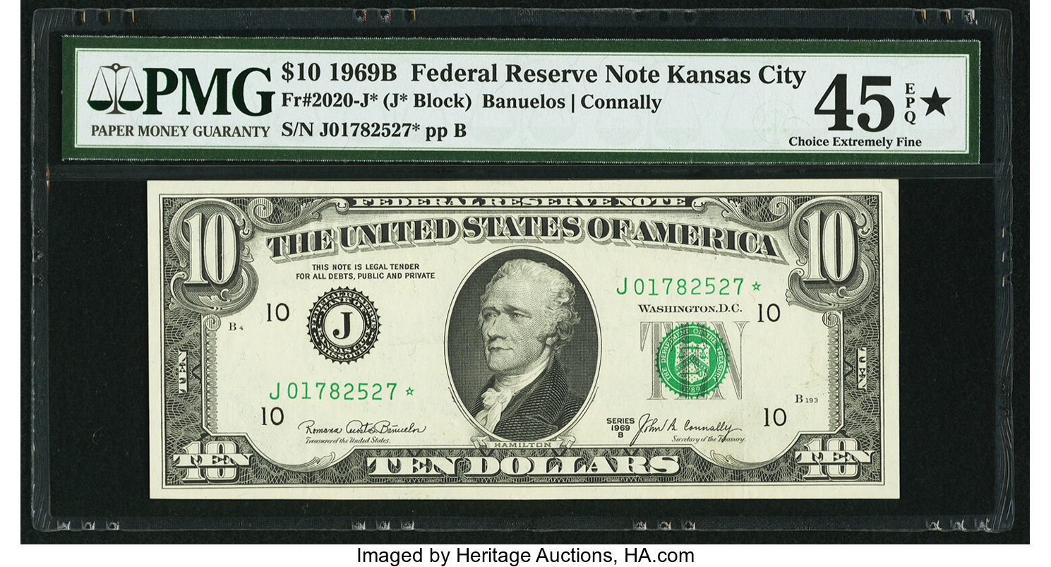 image for: Fr. 2020-J* $10 1969B Federal Reserve Star Note. PMG Choice Extremely Fine 45 EPQ*....