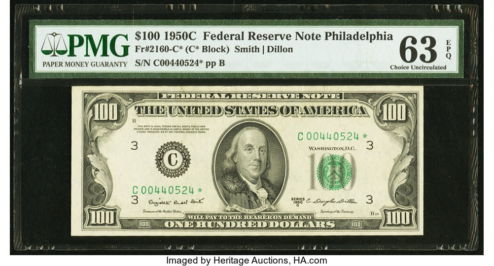 image for: Fr. 2160-C* $100 1950C Federal Reserve Star Note. PMG Choice Uncirculated 63 EPQ....
