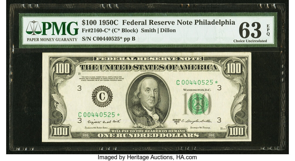 image for: Fr. 2160-C* $100 1950C Federal Reserve Star Note. PMG Choice Uncirculated 63 EPQ....