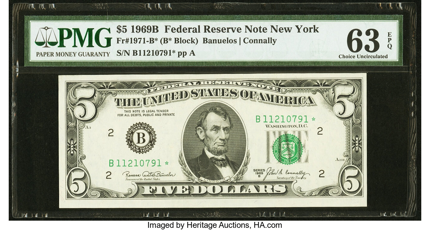 image for: Fr. 1971-B* $5 1969B Federal Reserve Star Note. PMG Choice Uncirculated 63 EPQ....