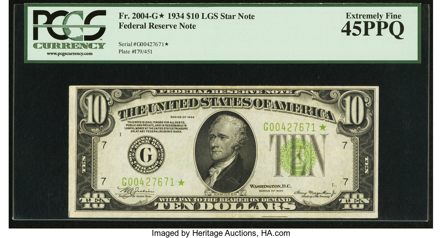 image for: Fr. 2004-G* $10 1934 Light Green Seal Federal Reserve Note. PCGS Extremely Fine 45PPQ....