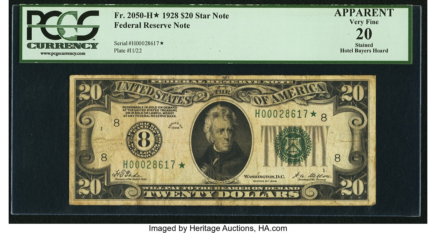 image for: Fr. 2050-H* $20 1928 Federal Reserve Star Note. PCGS Apparent Very Fine 20....