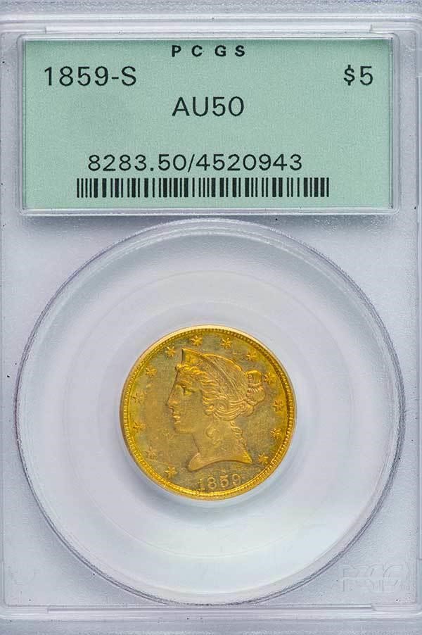 image for: $5 1859-S PCGS AU50