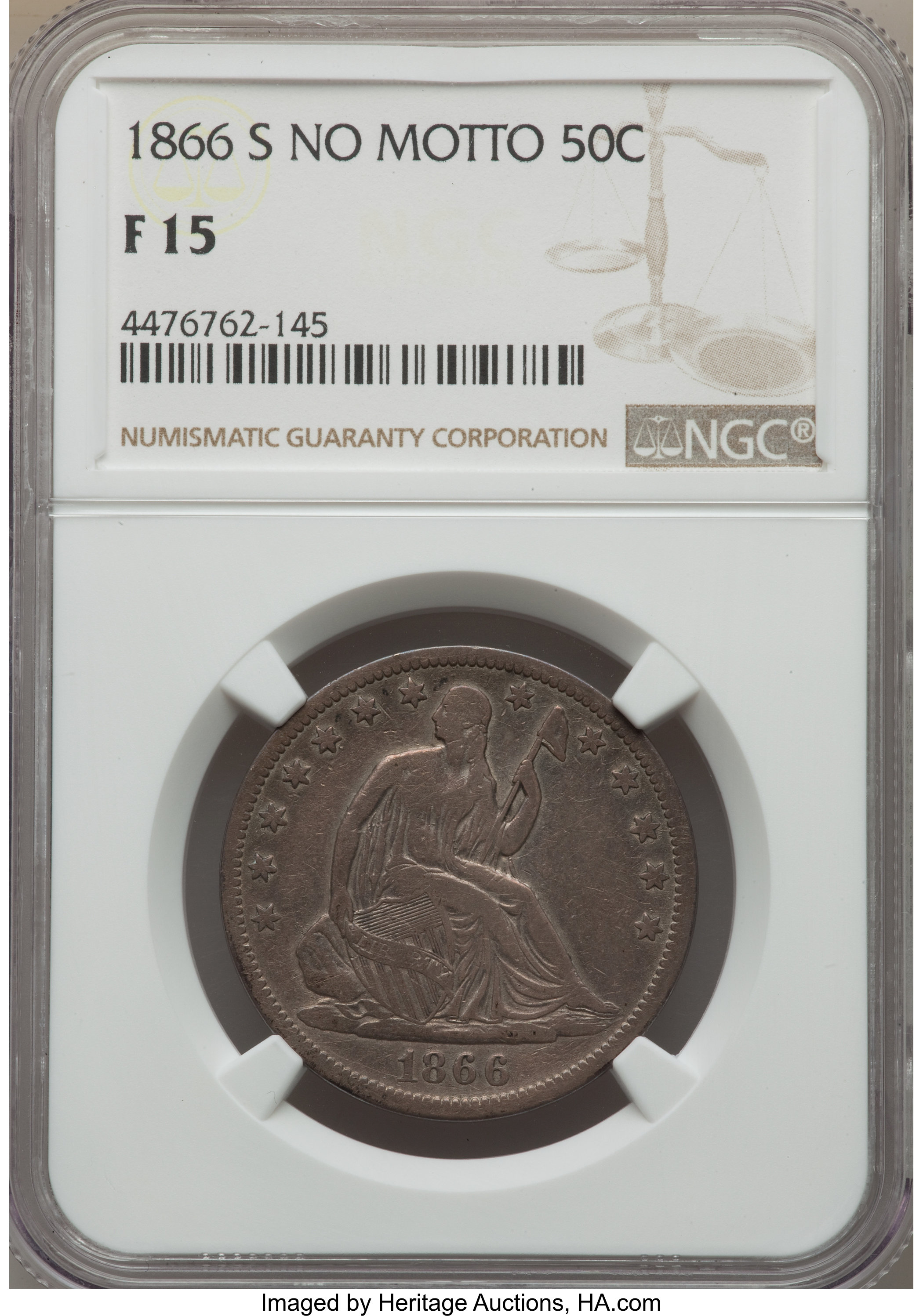 1866-S 50C No Motto Fine 15 NGC. NGC Census: (2/43). PCGS Population: (15/118). Mintage 60,000. ...