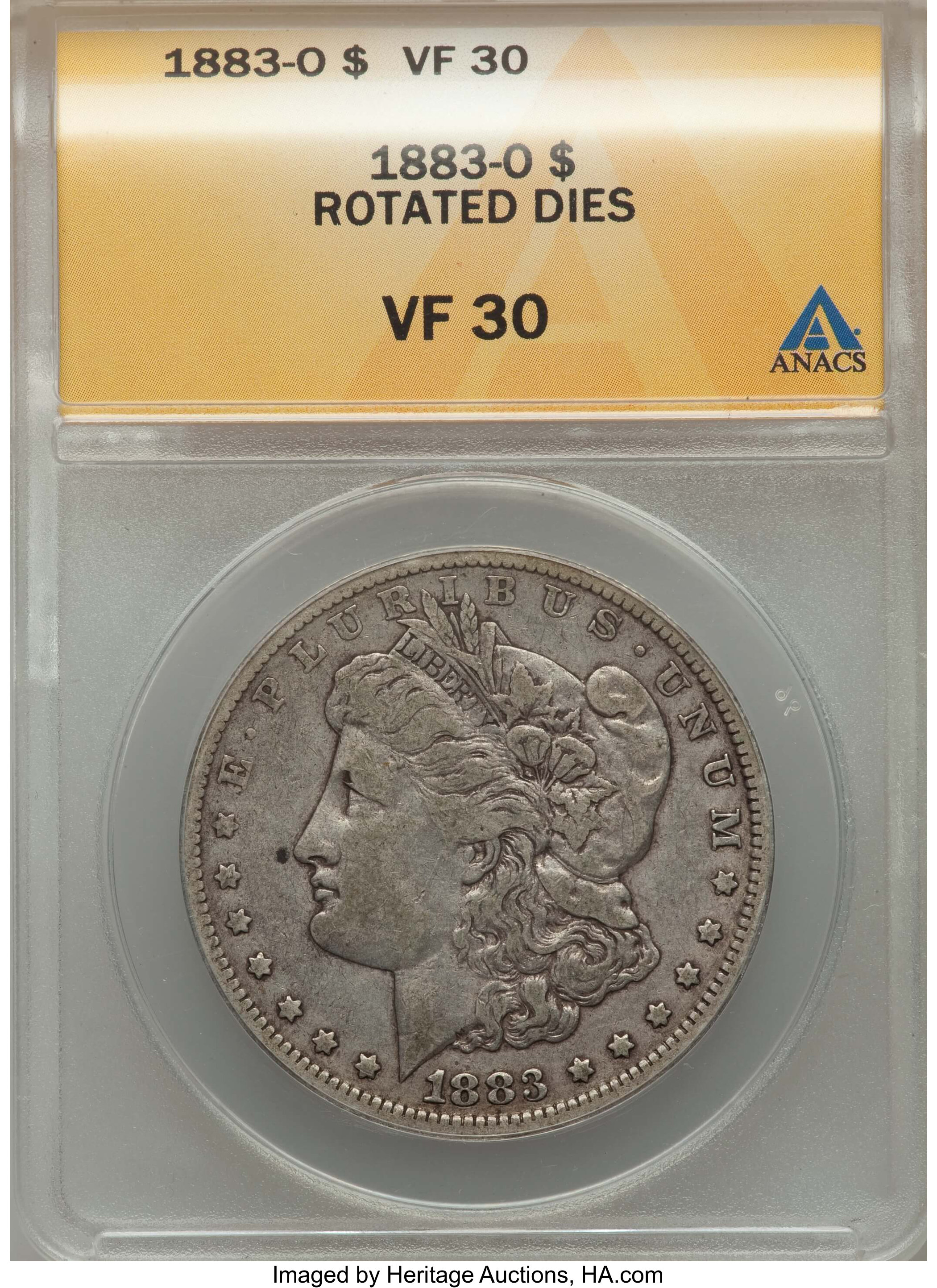 1883-O $1 -- Rotated Dies -- VF30 ANACS. NGC Census: (3/129684). PCGS Population: (2/119353). Mintage 8,725,000....