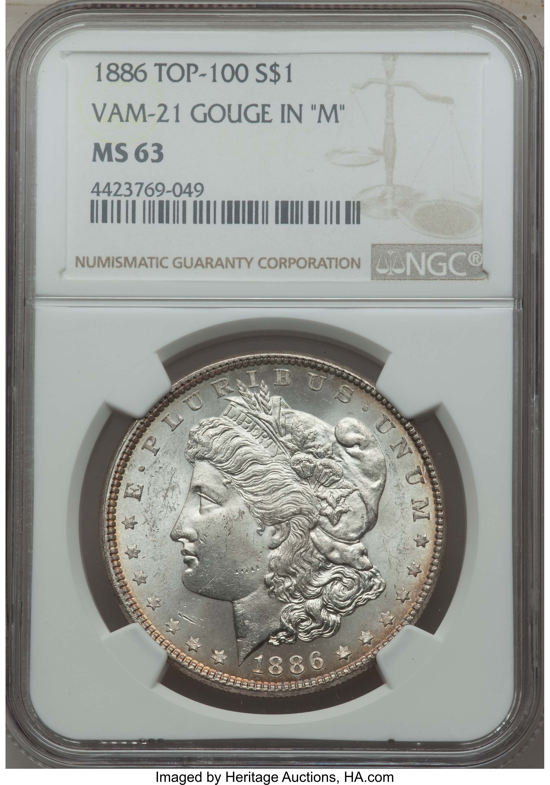 1886 $1 Gouge in M, VAM-21 MS63 NGC. TOP-100. NGC Census: (0/0). PCGS Population: (28/26). CDN: $51 Whsle. Bid for problem...