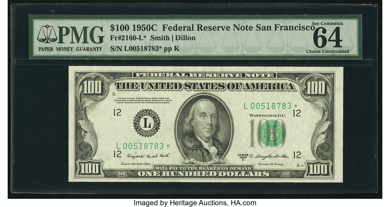 image for: Fr. 2160-L* $100 1950C Federal Reserve Star Note. PMG Choice Uncirculated 64 EPQ....