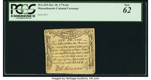 image for: Massachusetts October 18, 1776 6d PCGS New 62....