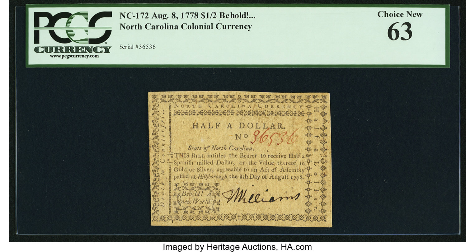 image for: North Carolina August 8, 1778 $1/2 Behold! A New World PCGS Choice New 63....