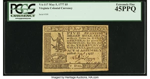 image for: Virginia May 5, 1777 $5 PCGS Extremely Fine 45PPQ....