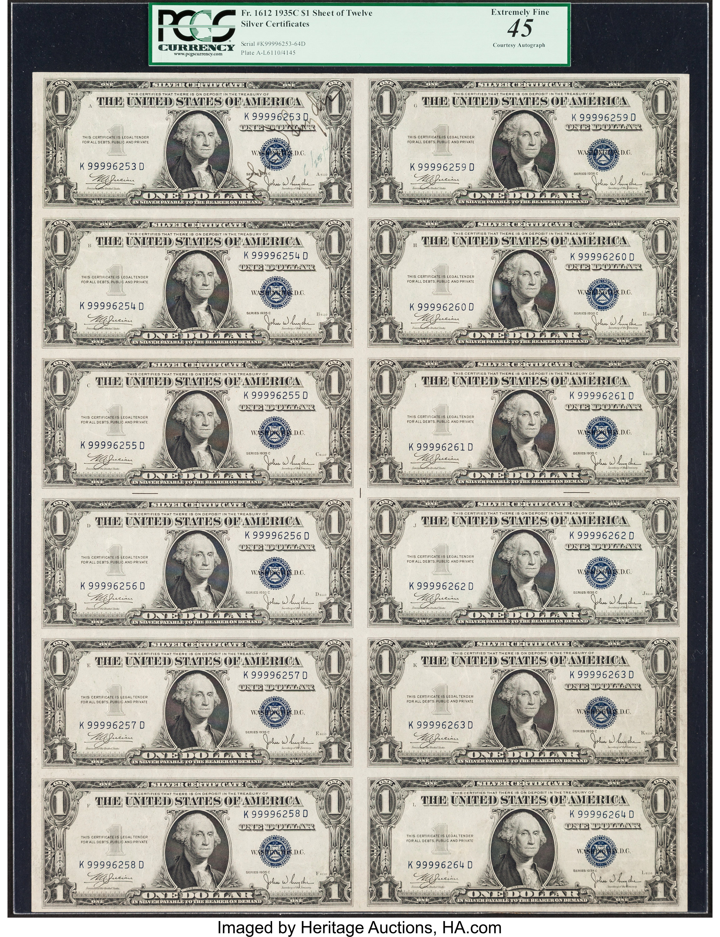 Courtesy Autograph Fr. 1612 $1 1935C Silver Certificates. Uncut Sheet of Twelve. PCGS Extremely Fine 45. ...