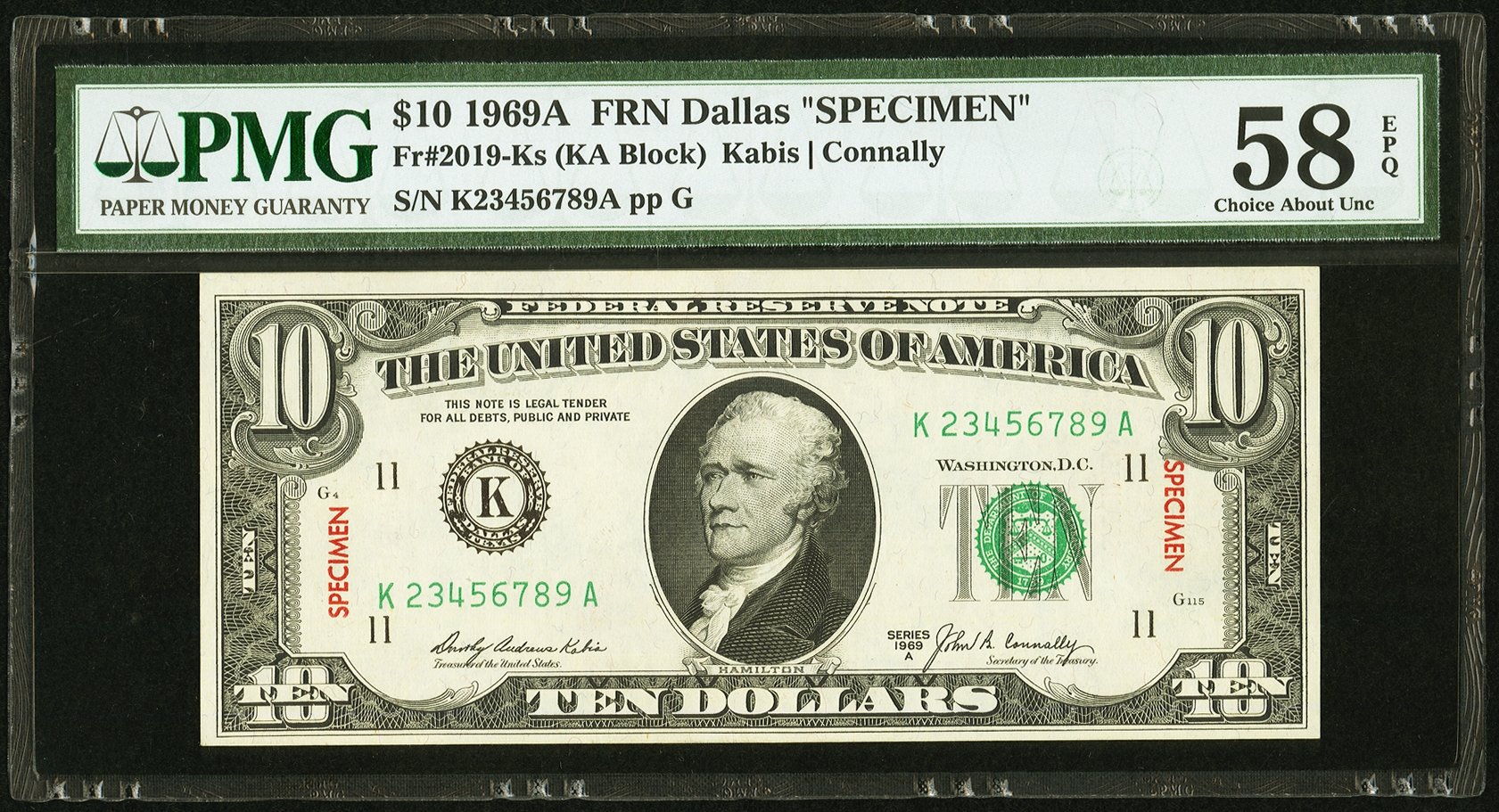 image for: Specimen Fr. 2019-K $10 1969A Federal Reserve Note. PMG Choice About Unc 58 EPQ....