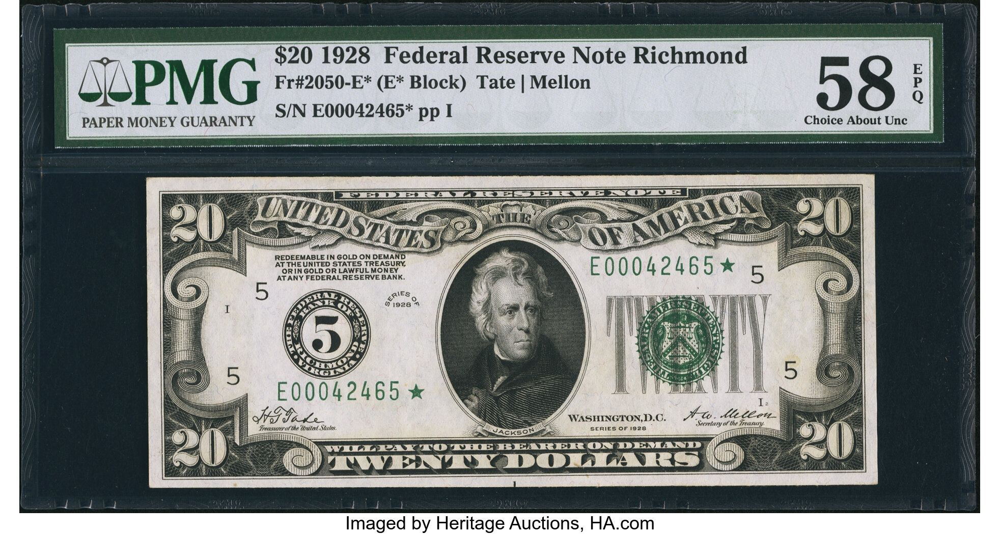 image for: Fr. 2050-E* $20 1928 Federal Reserve Note. PMG Choice About Unc 58 EPQ....