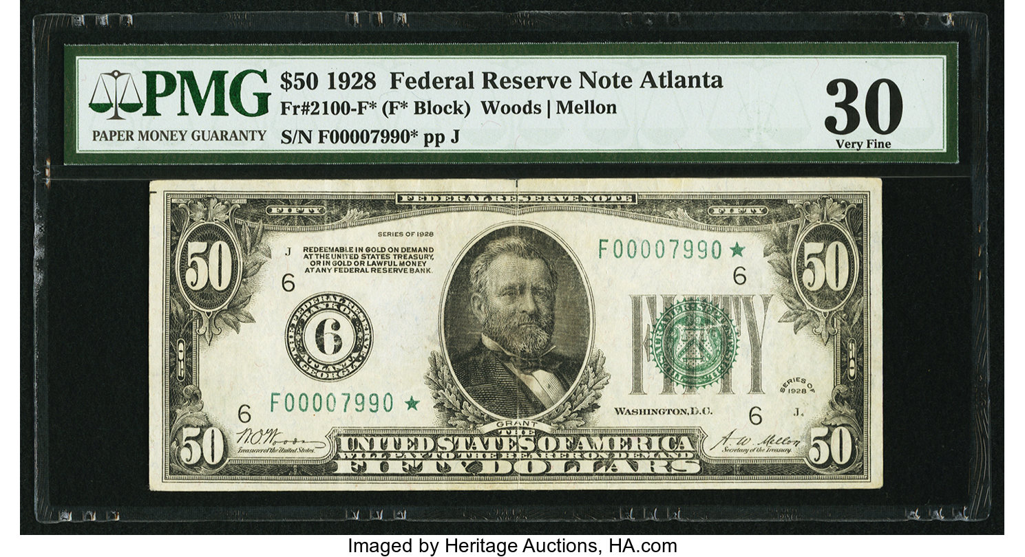 image for: Fr. 2100-F* $50 1928 Federal Reserve Star Note. PMG Very Fine 30....