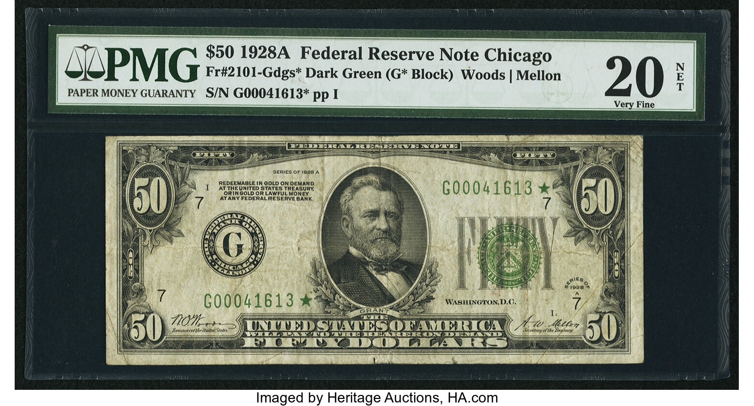 image for: Fr. 2101-G* $50 1928A Federal Reserve Star Note. PMG Very Fine 20 Net....