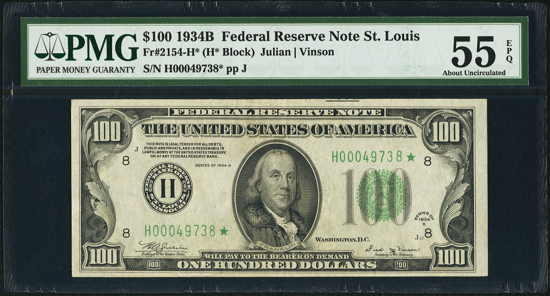 image for: Fr. 2154-H* $100 1934B Federal Reserve Note. PMG About Uncirculated 55 EPQ....
