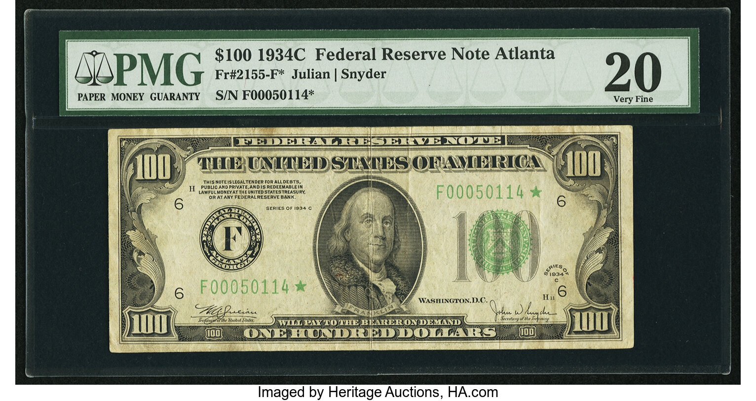 image for: Fr. 2155-F* $100 1934C Federal Reserve Note. PMG Very Fine 20....