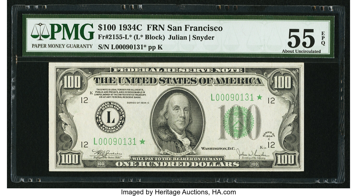 image for: Fr. 2155-L* $100 1934C Federal Reserve Star Note. PMG About Uncirculated 55 EPQ....