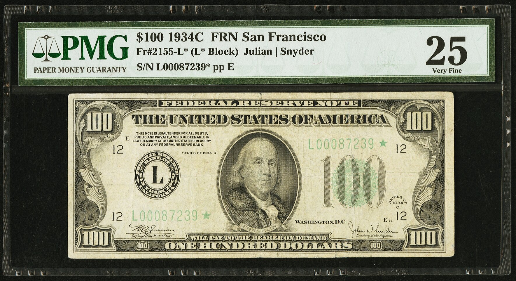 image for: Fr. 2155-L* $100 1934C Federal Reserve Note. PMG Very Fine 25....