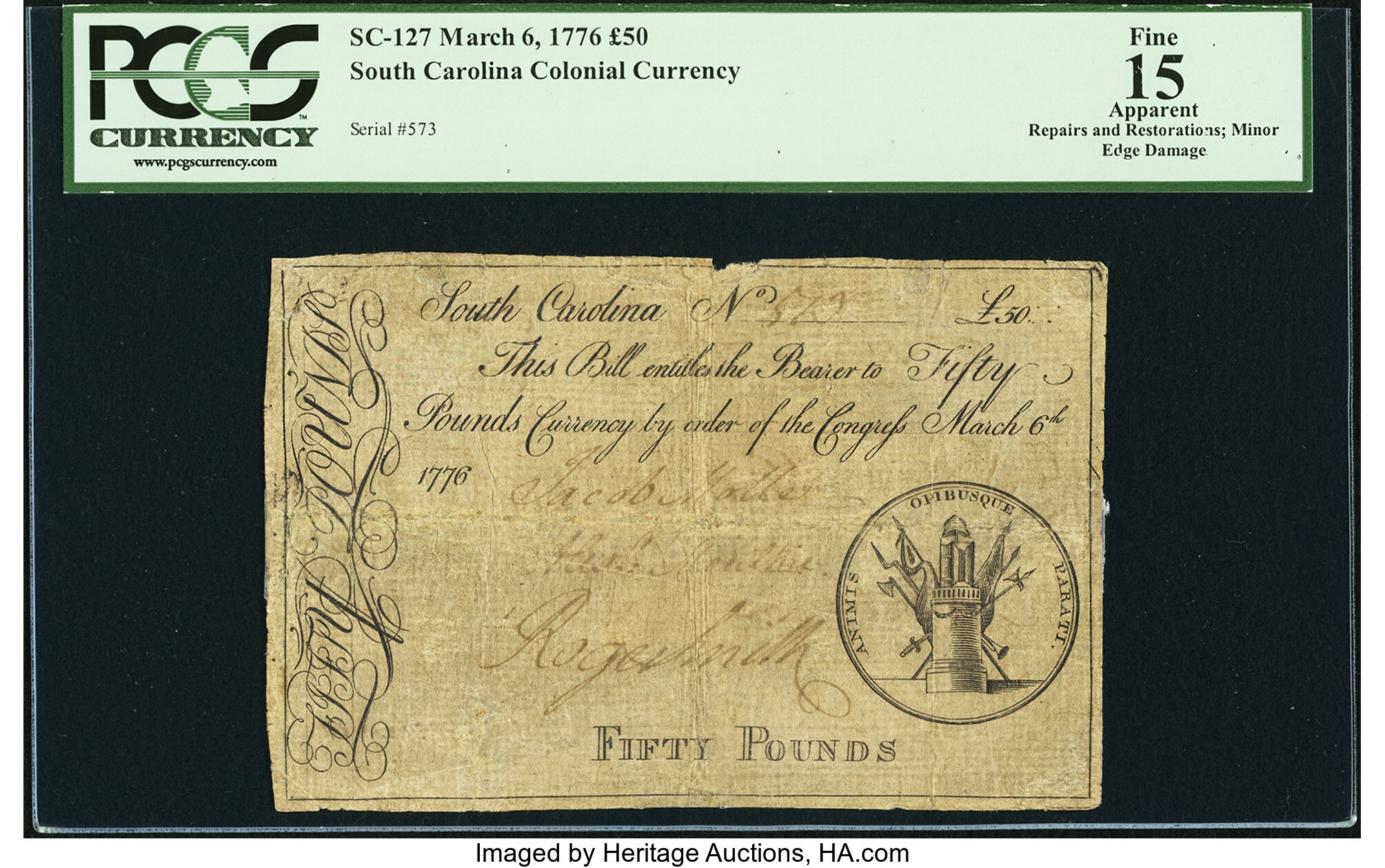 image for: South Carolina March 6, 1776 £50 PCGS Apparent Fine 15....