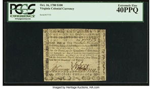 image for: Virginia October 16, 1780 $100 PCGS Extremely Fine 40PPQ....