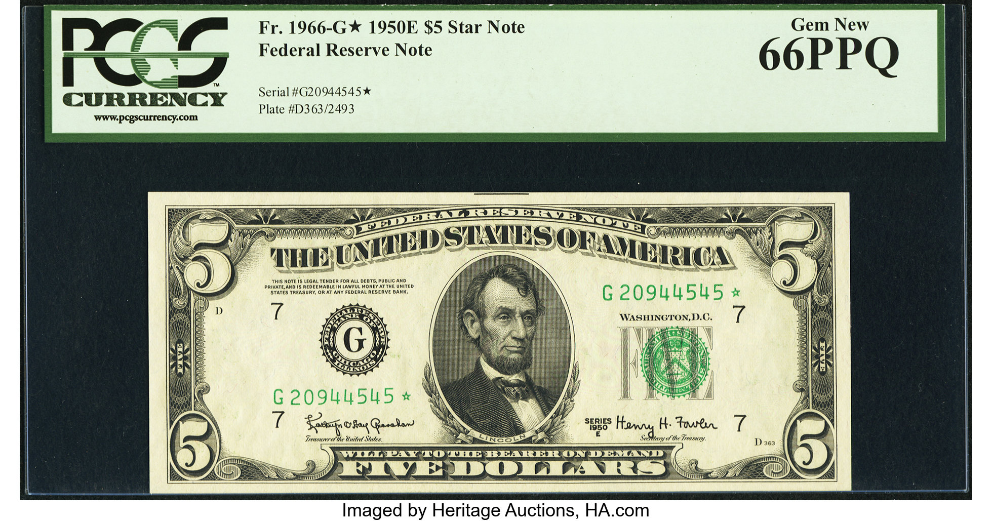 image for: Fr. 1966-G* $5 1950E Federal Reserve Note. PCGS Gem New 66PPQ....