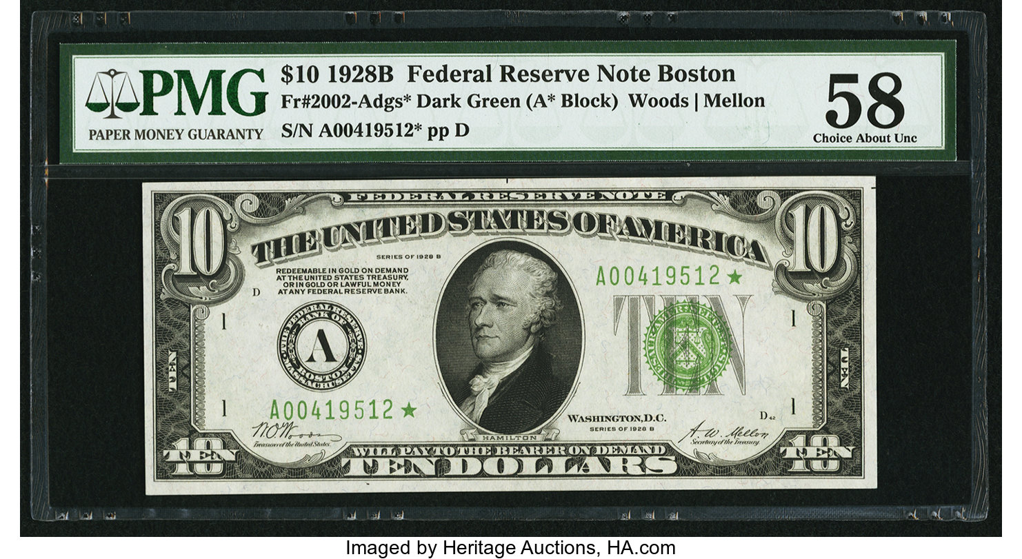 image for: Fr. 2002-A* $10 1928B Federal Reserve Note. PMG Choice About Unc 58....