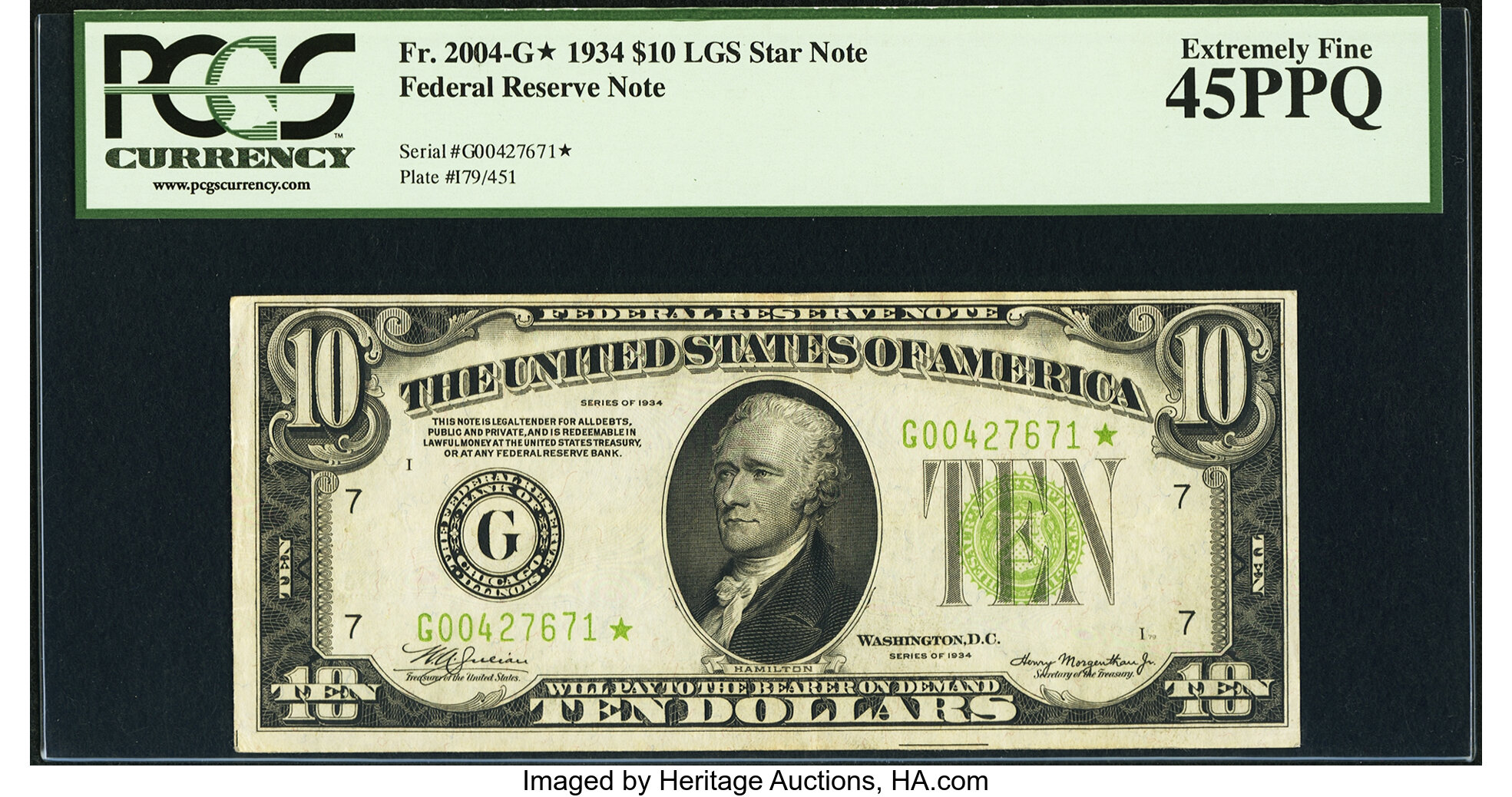 image for: Fr. 2004-G* $10 1934 Light Green Seal Federal Reserve Note. PCGS Extremely Fine 45PPQ....