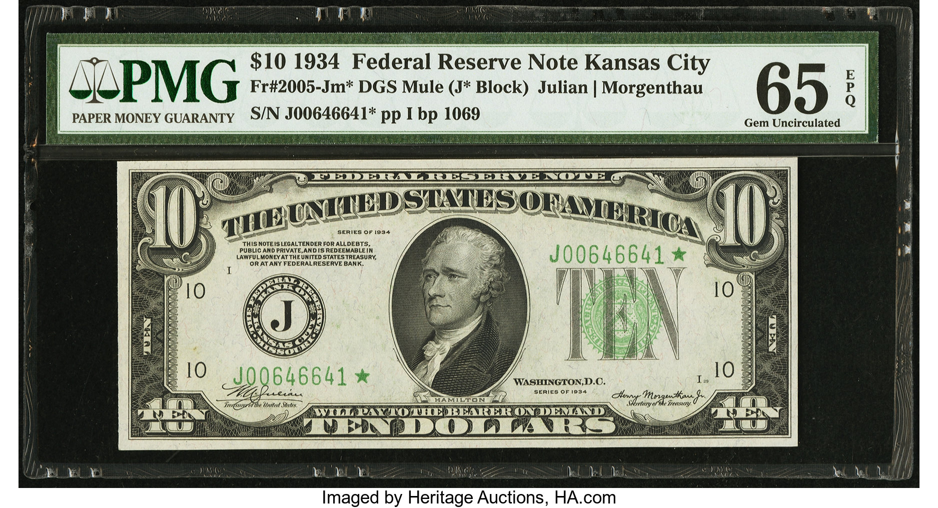 image for: Fr. 2005-J* $10 1934 Mule Federal Reserve Note. PMG Gem Uncirculated 65 EPQ....