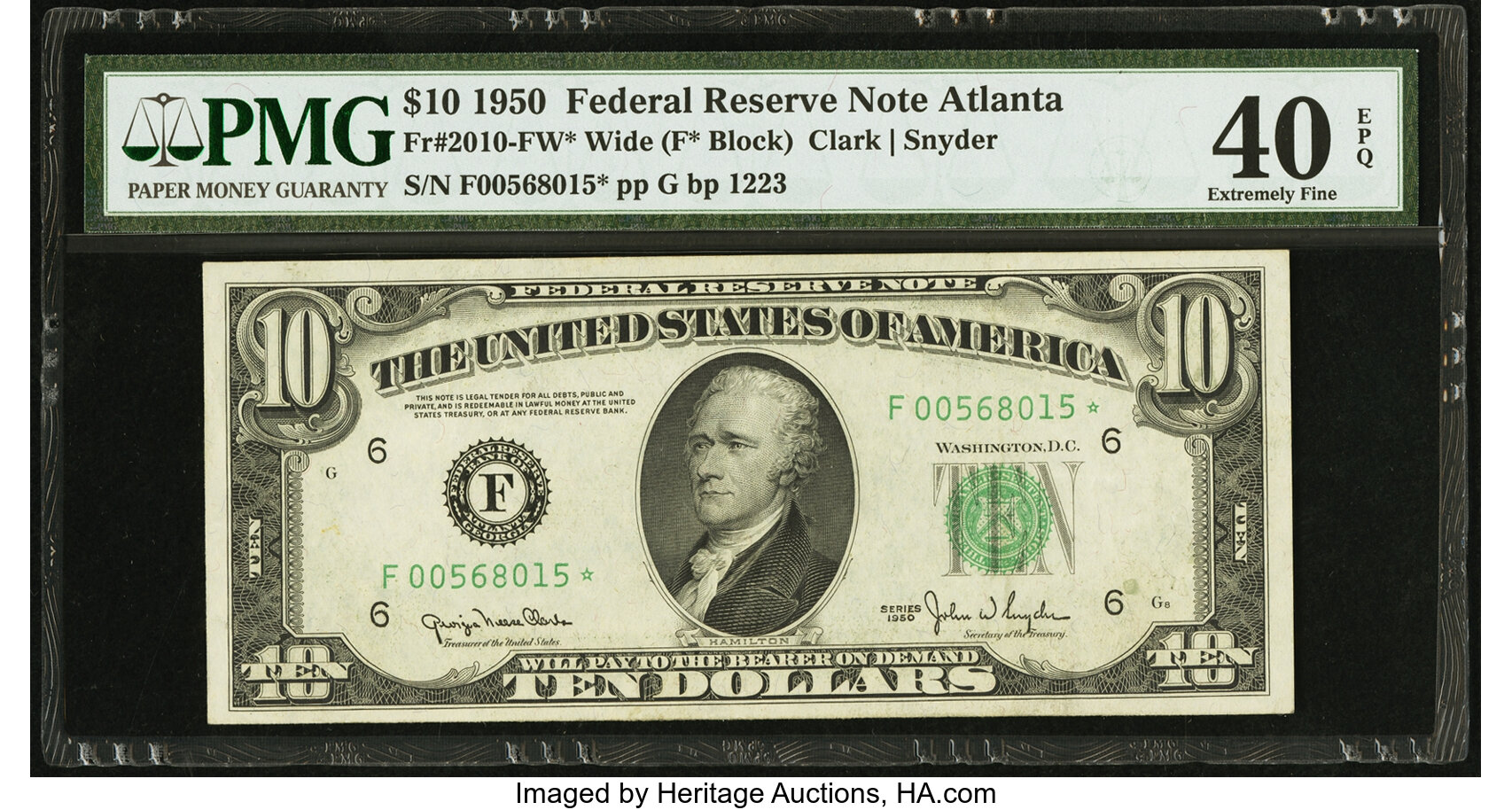 image for: Fr. 2010-F* $10 1950 Wide Federal Reserve Note. PMG Extremely Fine 40 EPQ....