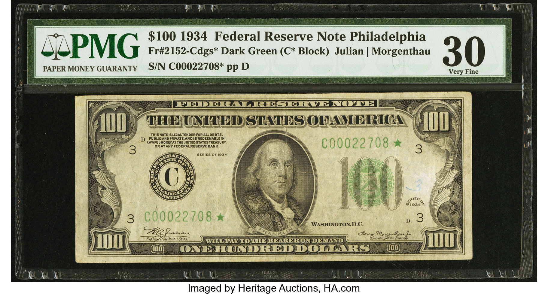 image for: Fr. 2152-C* $100 1934 Federal Reserve Note. PMG Very Fine 30....