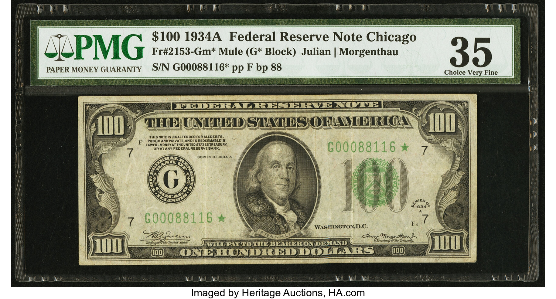 image for: Fr. 2153-G* $100 1934A Mule Federal Reserve Note. PMG Choice Very Fine 35....