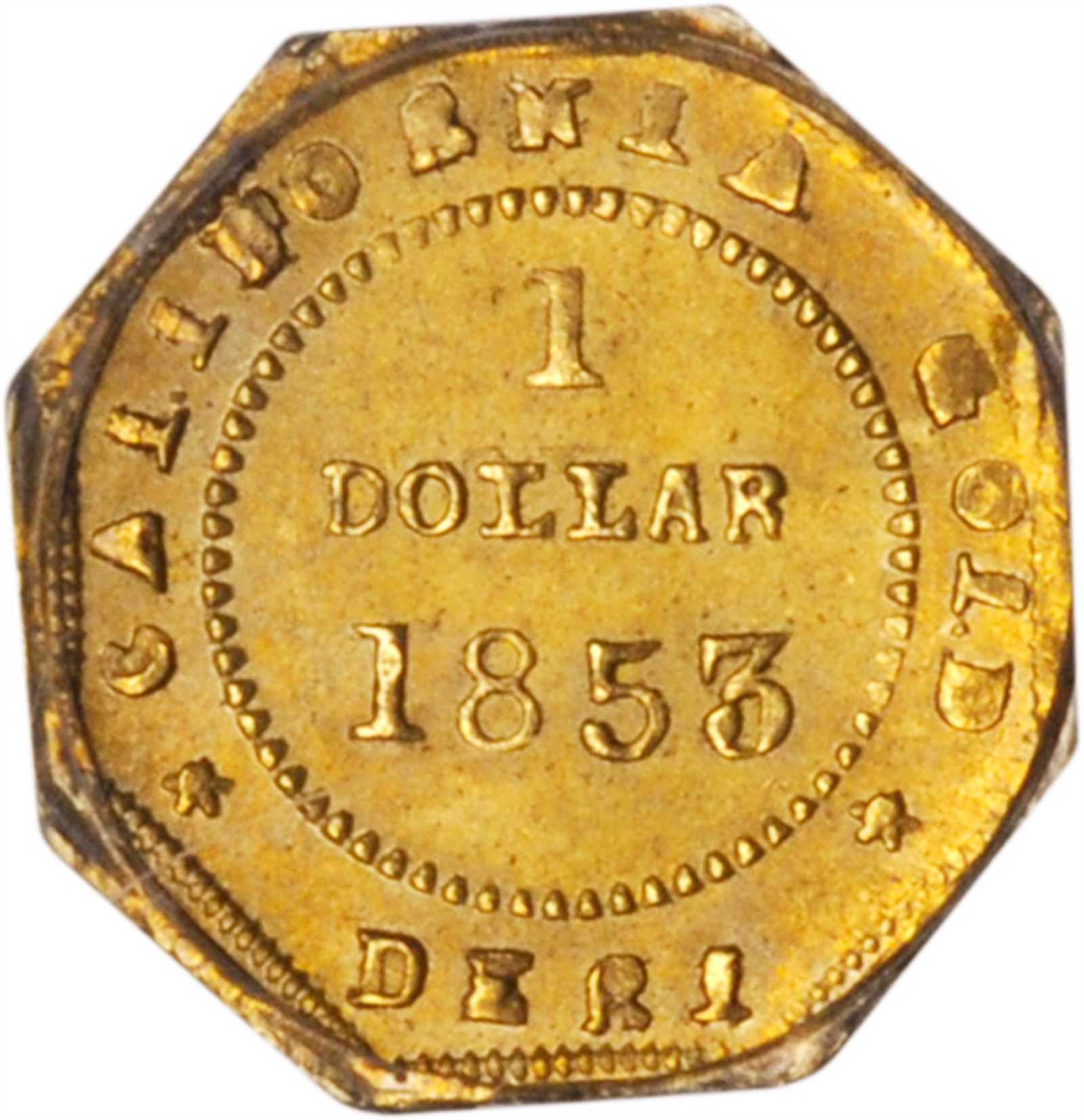 image for: 1853-DERI Octagonal $1. BG-519. Rarity-4-. Liberty Head. MS-62 (PCGS).