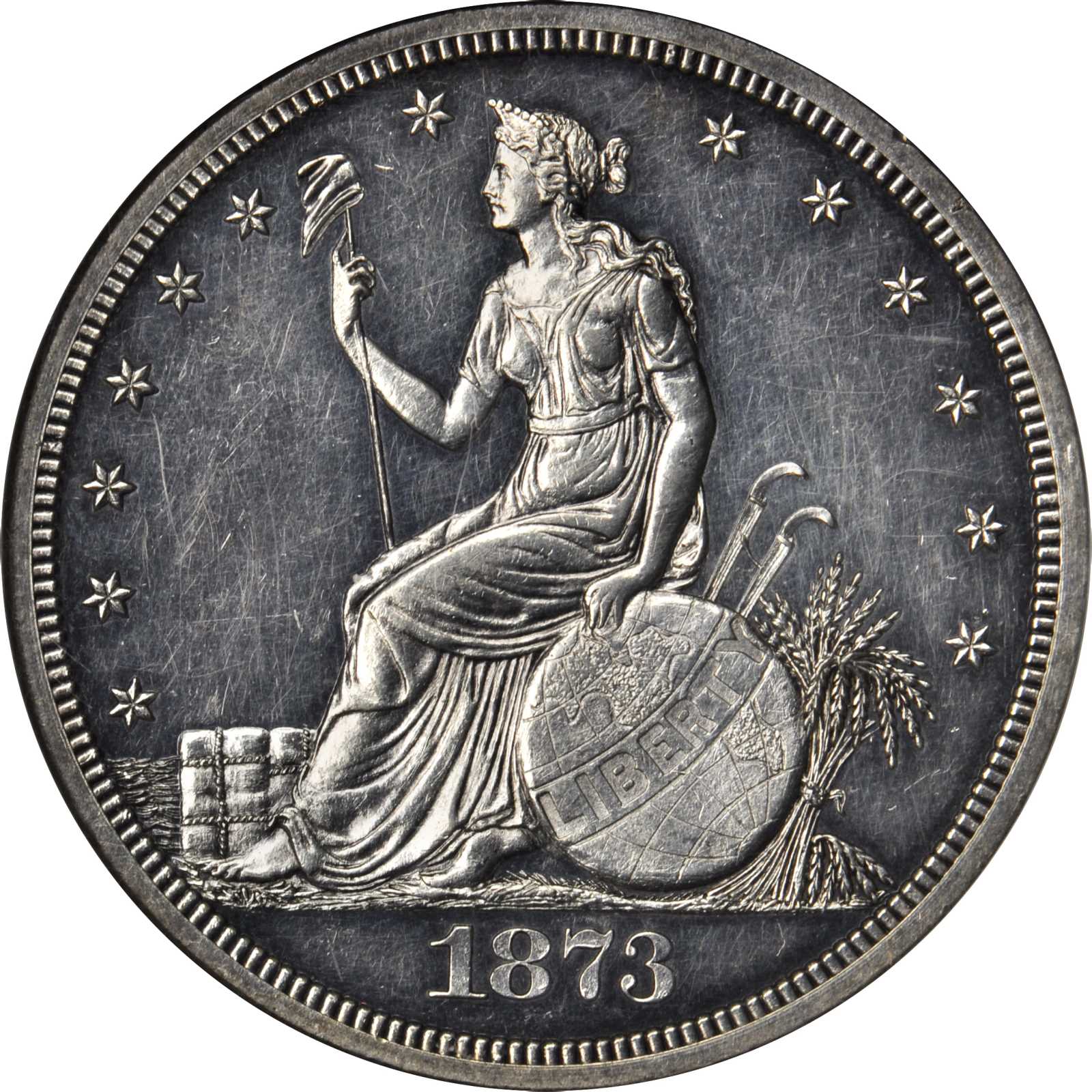 1873 Pattern Trade Dollar. Judd-1293, Pollock-1435. Rarity-4. Silver. Reeded Edge. Proof-60 (NGC). CAC.