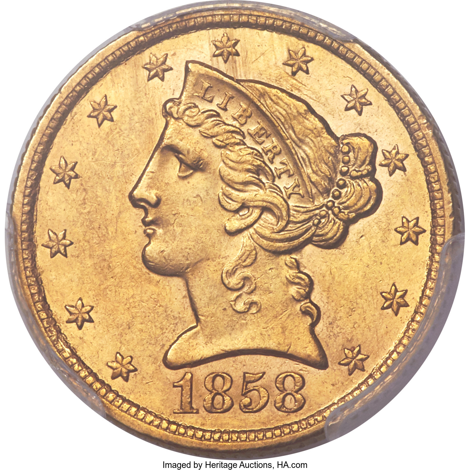 image for: 1858-C $5 MS62 PCGS. Variety 1....