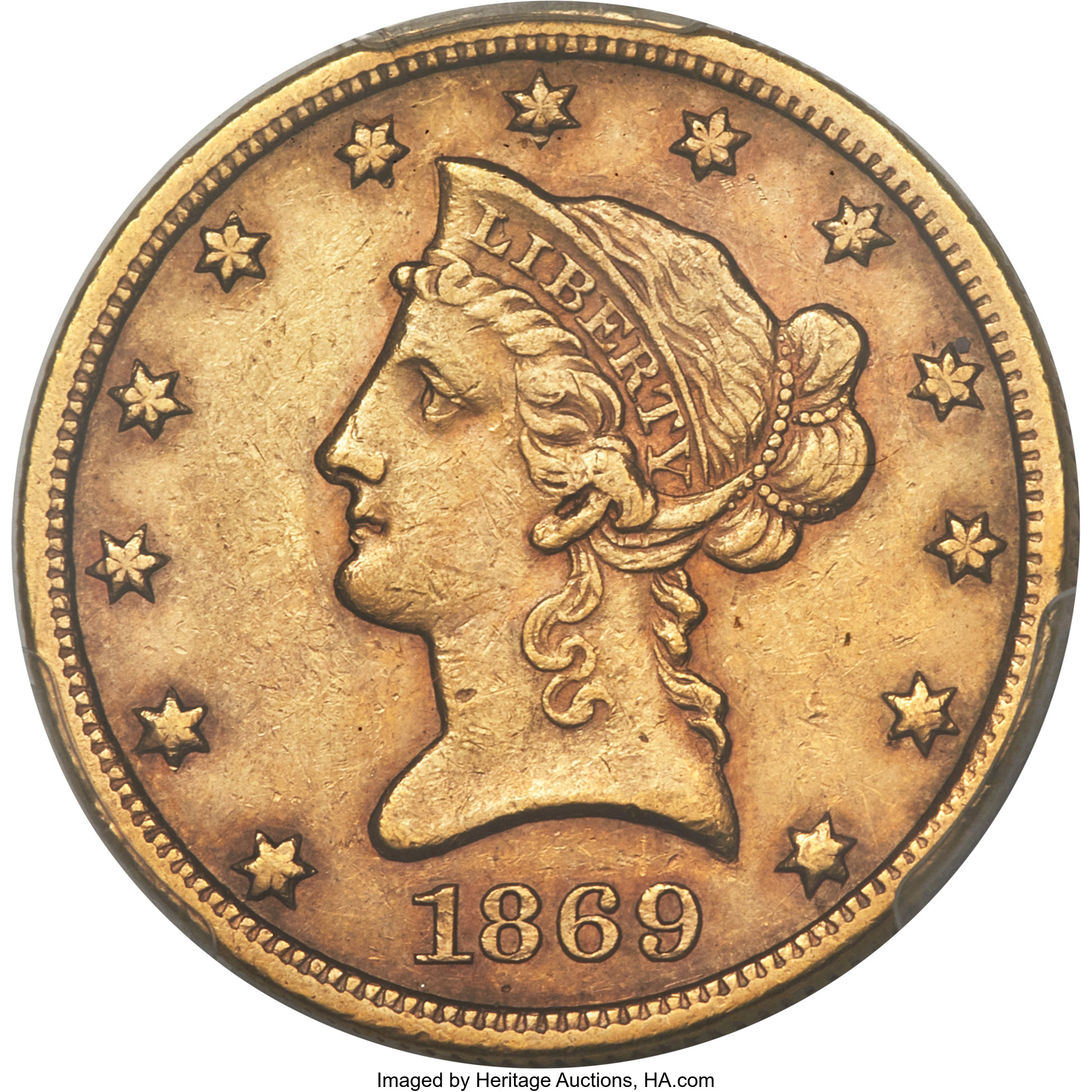 image for: 1869-S $10 AU55 PCGS. CAC....