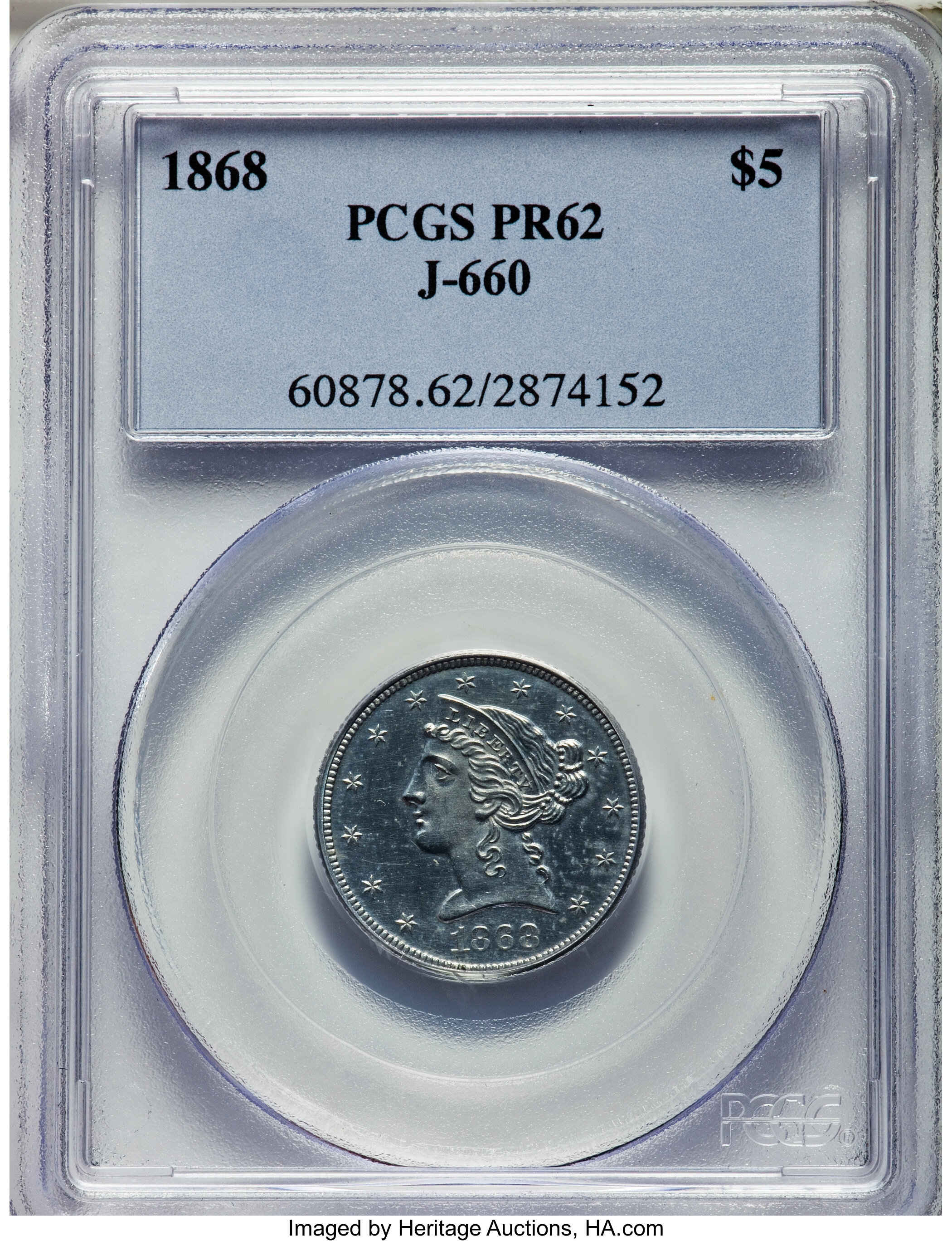 image for: 1868 $5 Five Dollar, Judd-660, Pollock-733, Low R.7, PR62 PCGS....