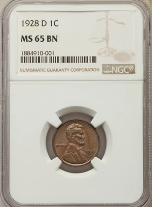 image for: 1928-D 1C MS65 Brown NGC. NGC Census: (16/2). PCGS Population: (15/2). Mintage 31,170,000. ...