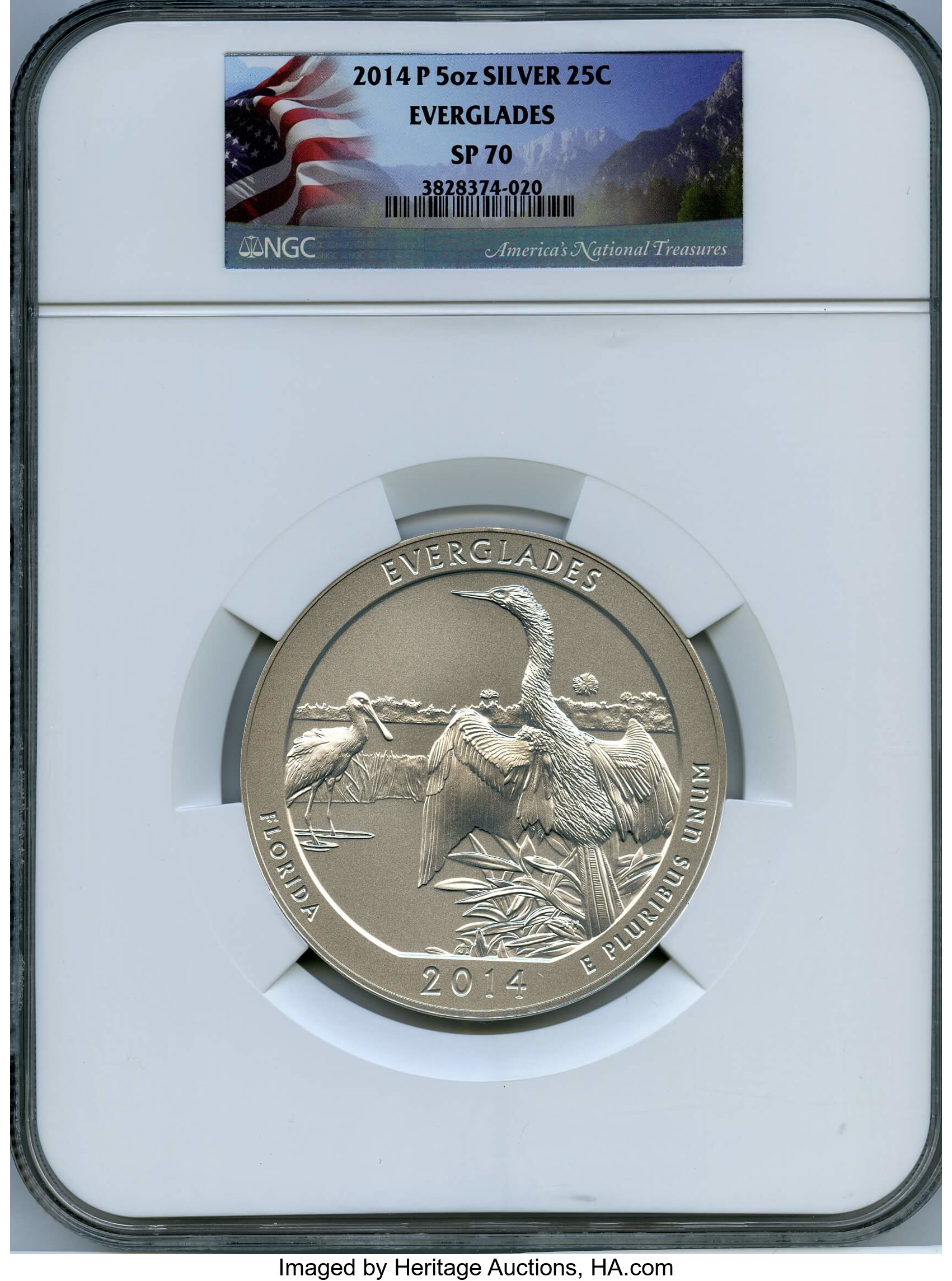 image for: 2014-P 25C Everglades Five Ounce Silver SP70 NGC. NGC Census: (0). PCGS Population: (16)....