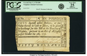 image for: Virginia October 5, 1778 $50 PCGS Apparent Very Fine 25....