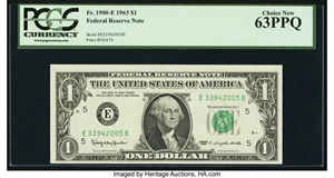 image for: Fr. 1900-E $1 1963 Federal Reserve Note. E-B Block. PCGS Choice New 63PPQ....