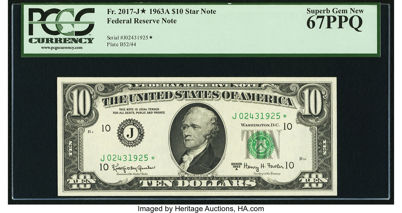 image for: Fr. 2017-J* $10 1963A Federal Reserve Star Note. PCGS Superb Gem New 67PPQ....