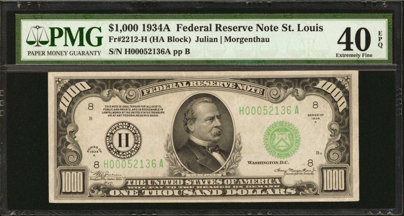 Fr. 2212-H. 1934A $1000 Federal Reserve Note. St. Louis. PMG Extremely Fine 40 EPQ.