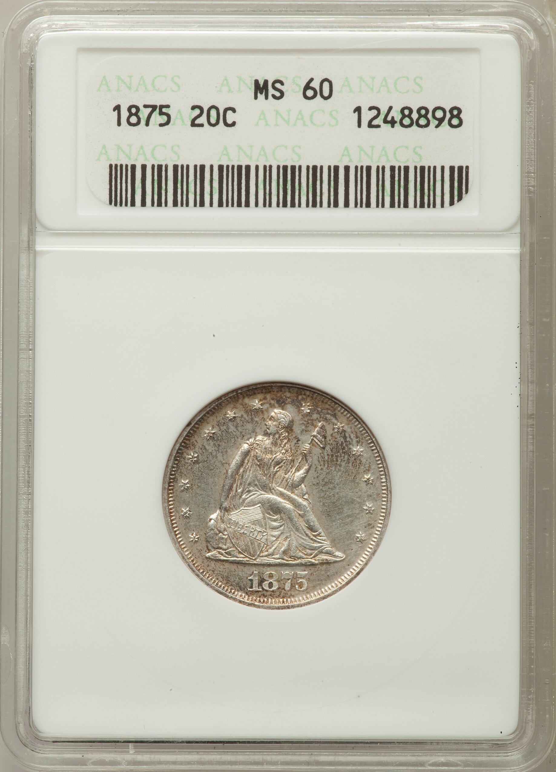 1875 20C MS60 ANACS. NGC Census: (4/234). PCGS Population: (4/223). CDN: $750 Whsle. Bid for problem-free NGC/PCGS MS60. Mi...